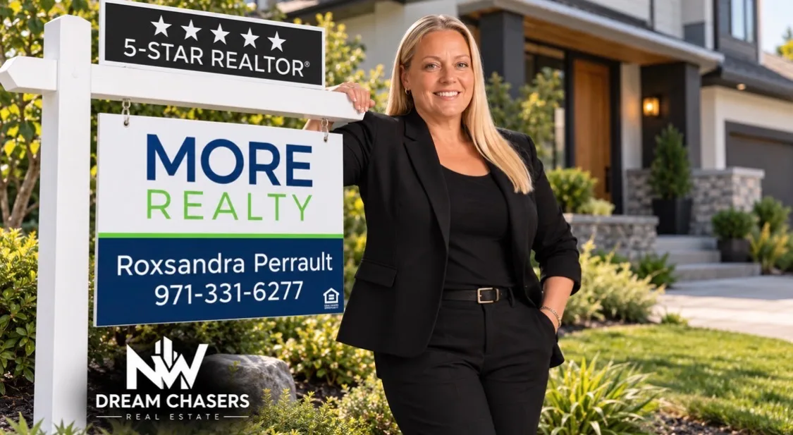 RoxSandra Perrault standing beside her MORE Realty yard sign in front of a home