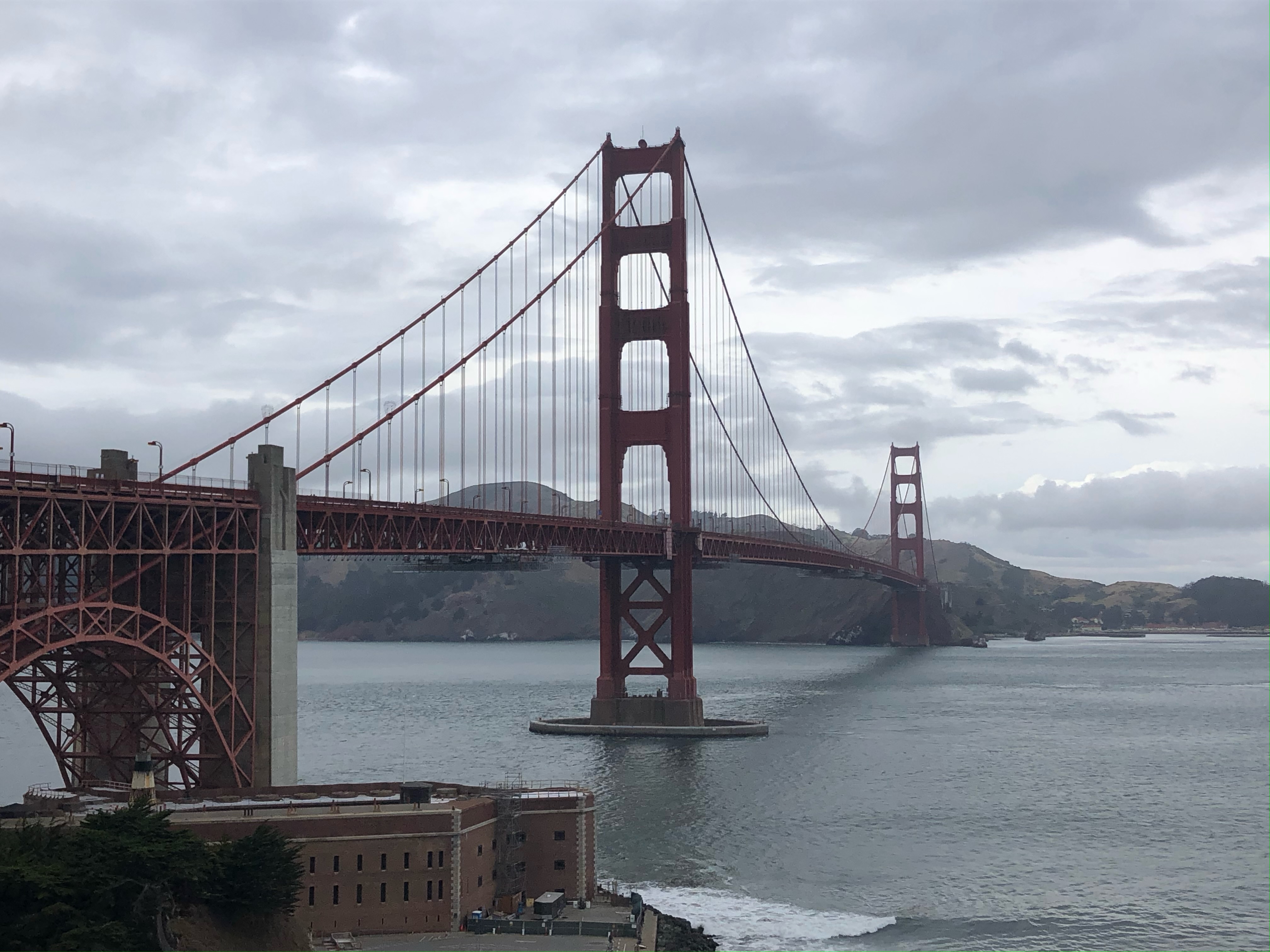 Golden Gate Bridge with Fort Point in the foreground, spanning the entrance to San Francisco Bay