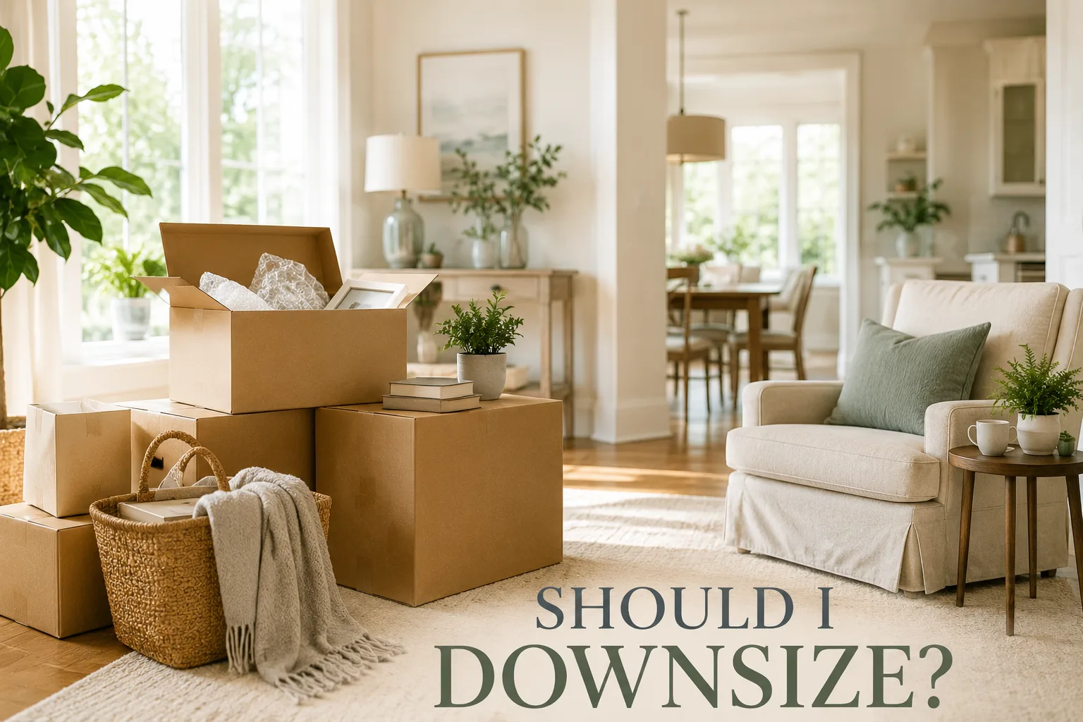 Cozy living room with moving boxes and text Should I Downsize