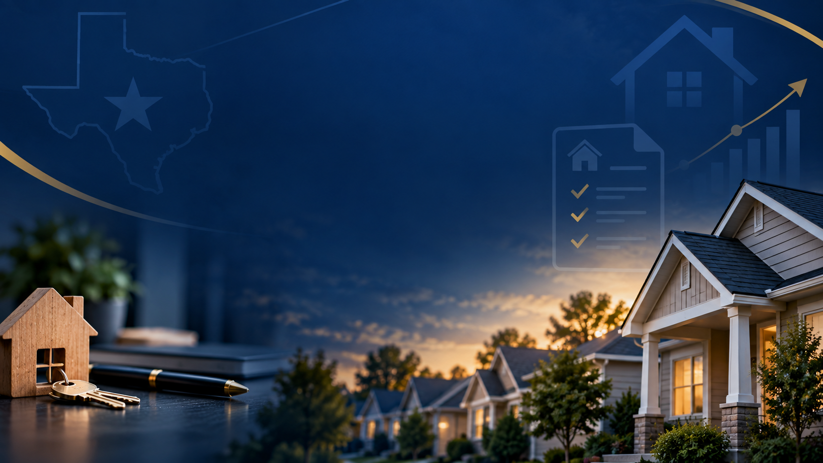 Navy and gold graphic of the state of Texas with a star, house icons marked with checkmarks, a wooden house model, keys, a pen, an upward trend arrow, and houses at sunset, illustrating conventional home loans in Texas