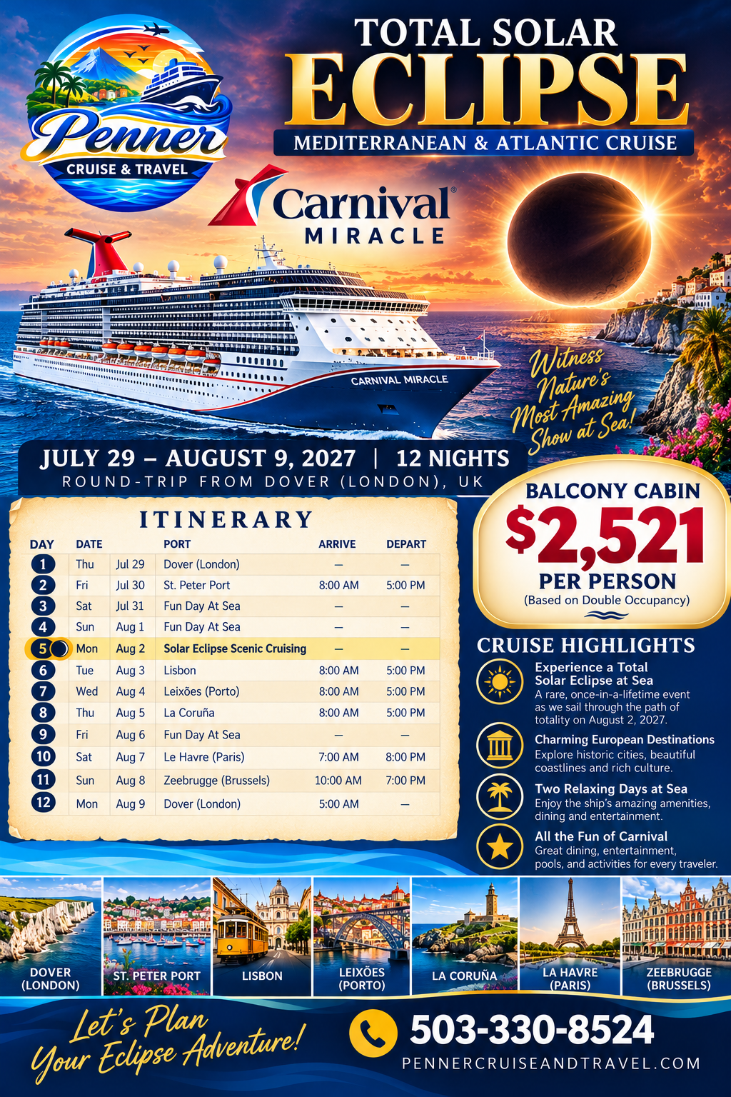 Carnival Miracle group cruise flyer, Total Solar Eclipse Mediterranean and Atlantic cruise, departing Dover July 29, 2027