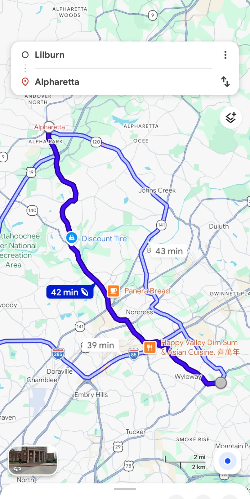Google Maps directions from Lilburn to Alpharetta showing about a 42 minute drive