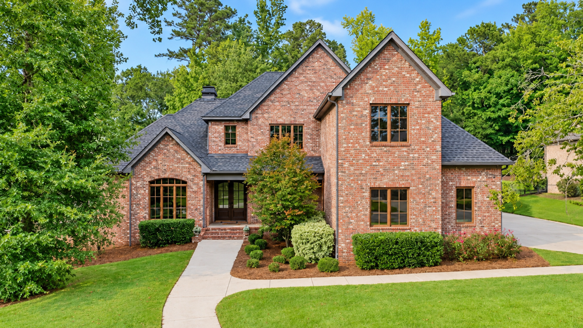Exterior of an upscale multi-gabled red brick house on a manicured lawn with mature trees