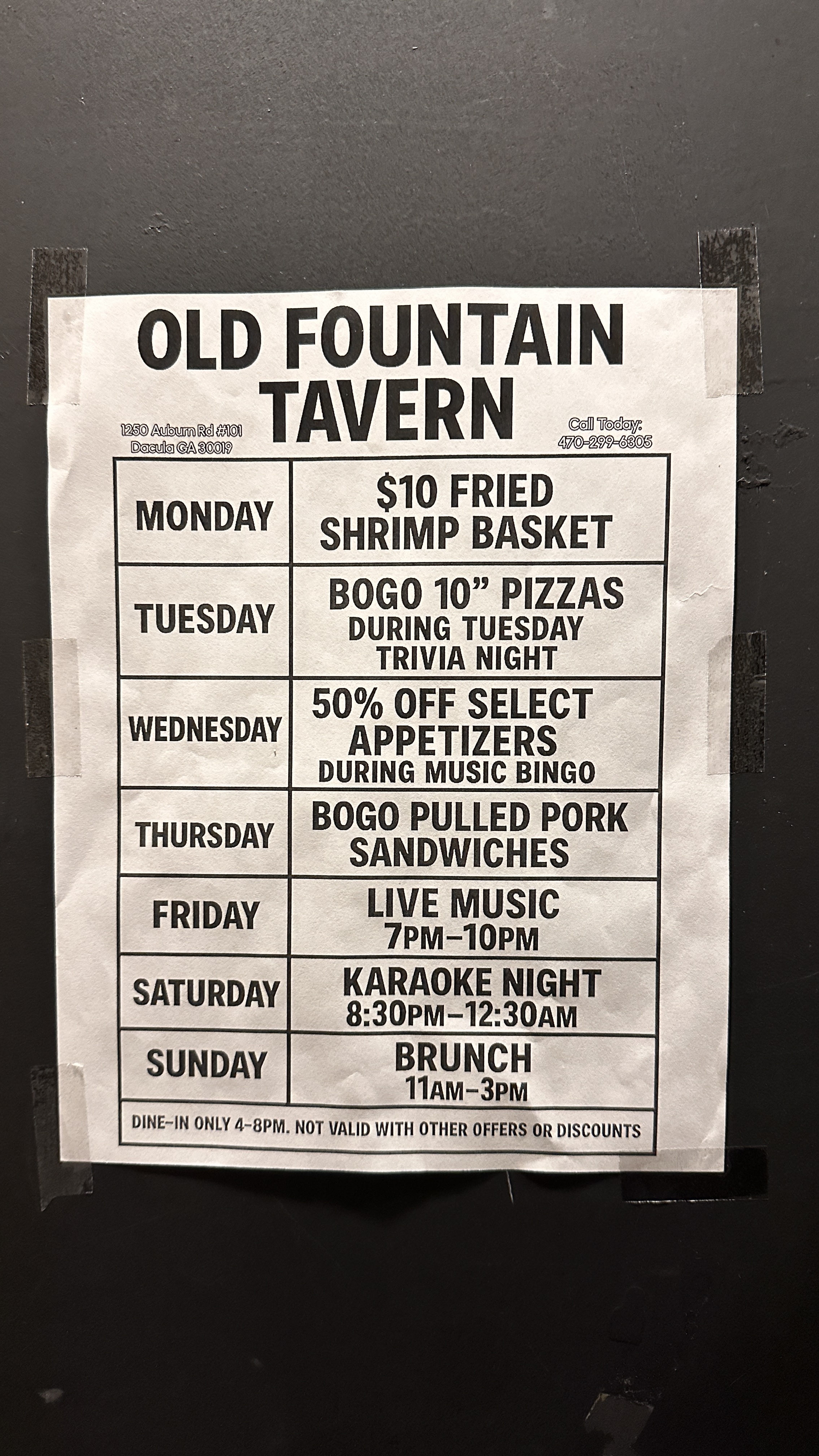 Events flyer at Old Fountain Tavern in Dacula Georgia showing weekly specials live music trivia and more