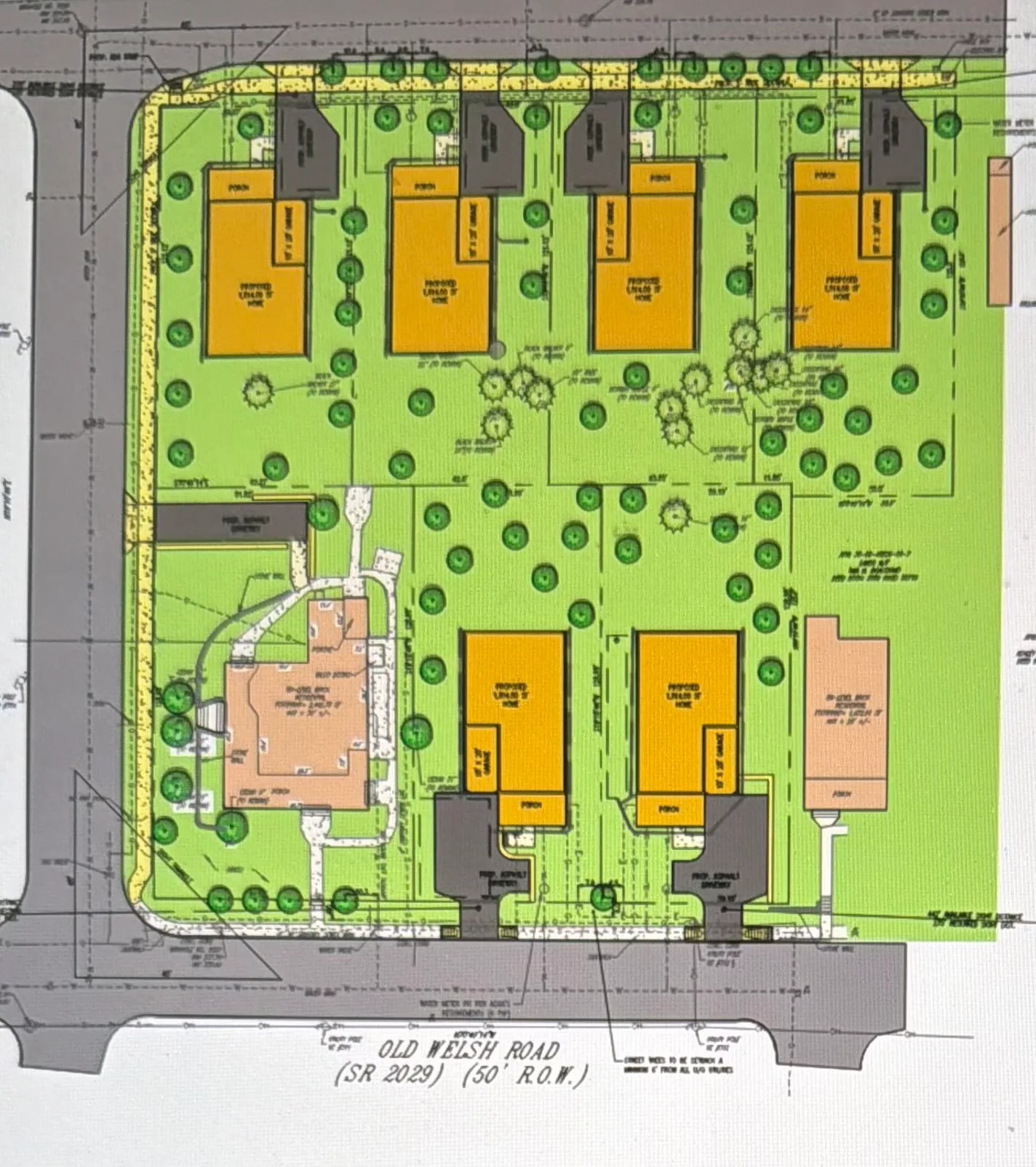 Detailed site plan of the Sharrow Construction 7-lot subdivision in Willow Grove, PA showing lot layouts along Old Welsh Road with proposed new homes