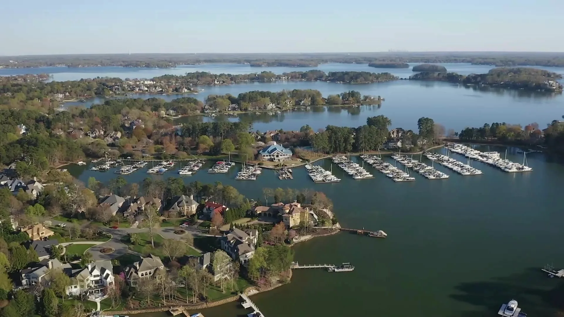 Marina and waterfront homes on Lake Norman at golden hour
