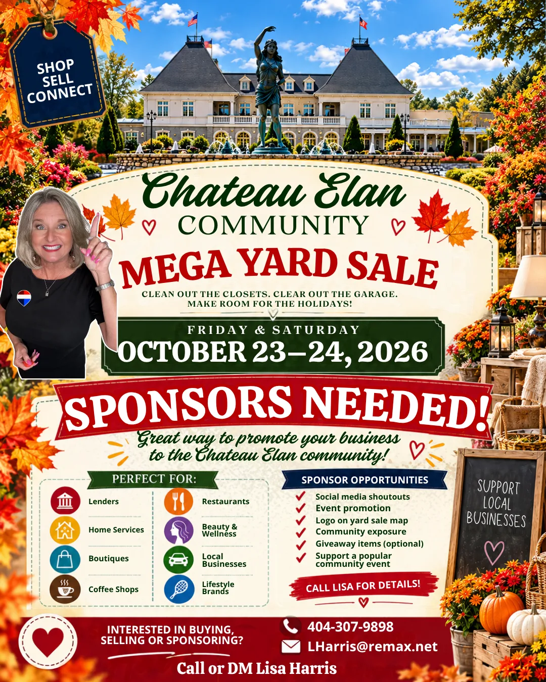 Official flyer for the Château Élan Neighborhood Mega Yard Sale