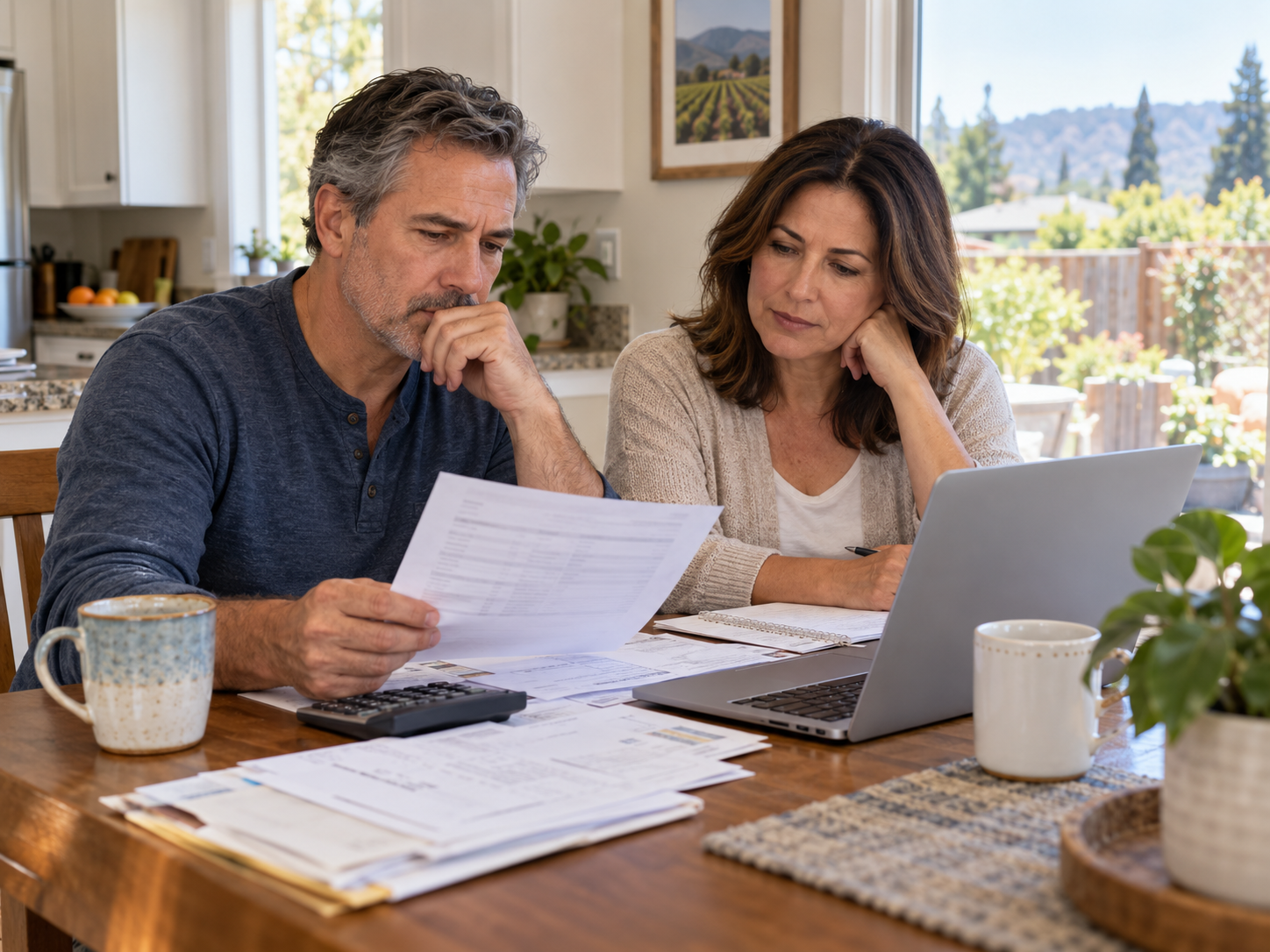 Northern California homeowners reviewing mortgage paperwork and short-sale options at their kitchen table