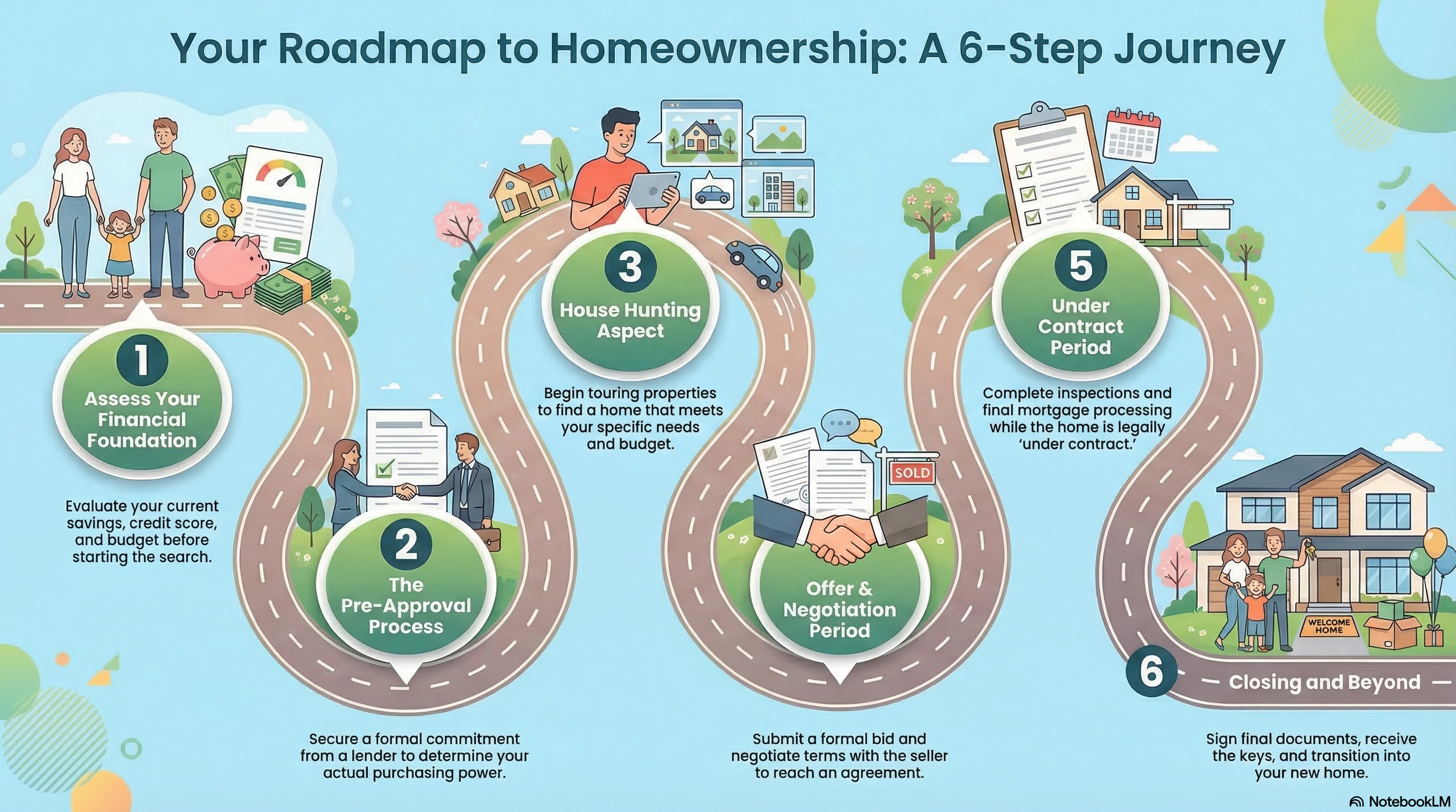 Six-step journey roadmap from offer to final walkthrough and closing keys, from the Essential First-Time Homebuyer Roadmap