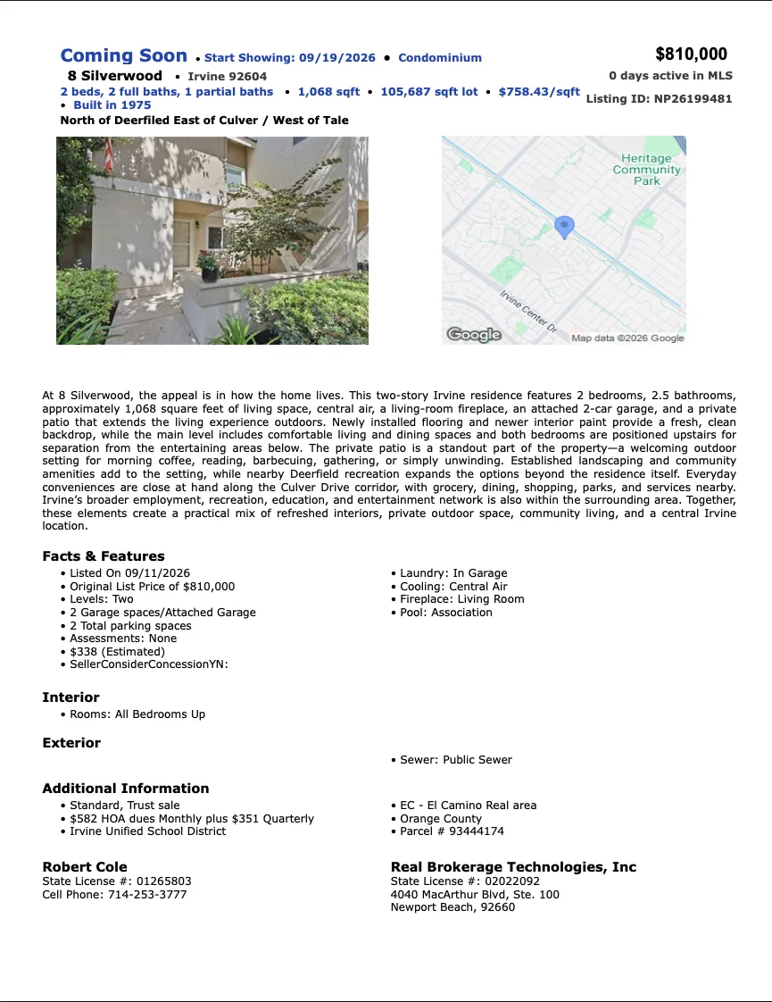 First page of the public MLS Property Summary for 8 Silverwood, Irvine
