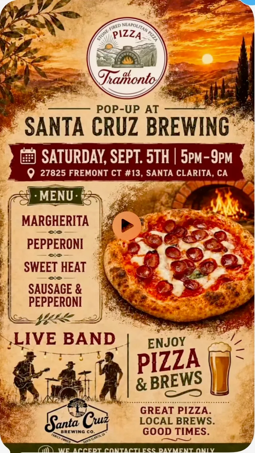 Official Pizza al Tramonto event flyer for Saturday, September 5 at Santa Cruz Brewing: stone-fired Neapolitan pizza menu with Margherita, Pepperoni, Sweet Heat, and Sausage & Pepperoni, a live band, and contactless-only payment