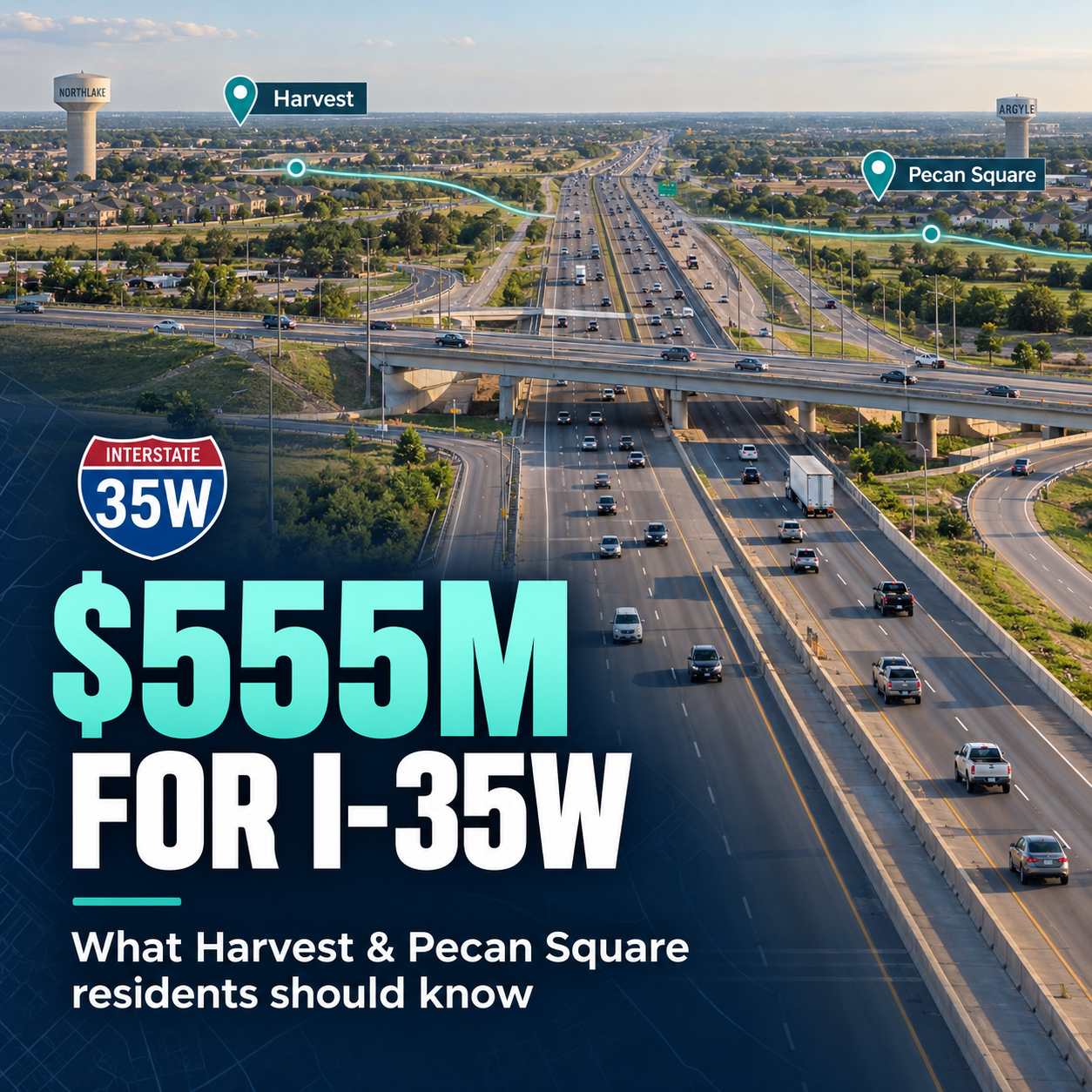 Aerial view of I-35W near Northlake and Argyle with a $555M funding overlay highlighting Harvest and Pecan Square.