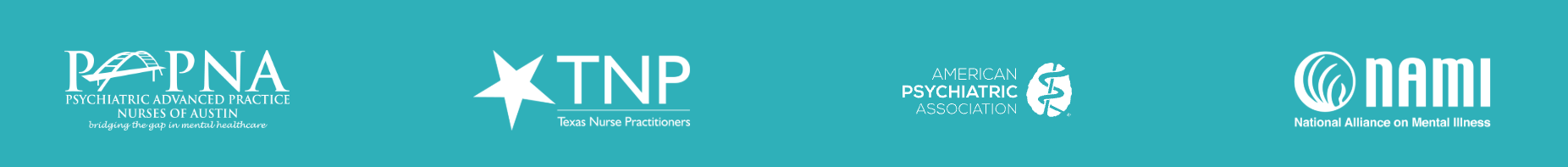 Professional affiliation logos: Psychiatric Advanced Practice Nurses of Austin, Texas Nurse Practitioners, American Psychiatric Association, and NAMI