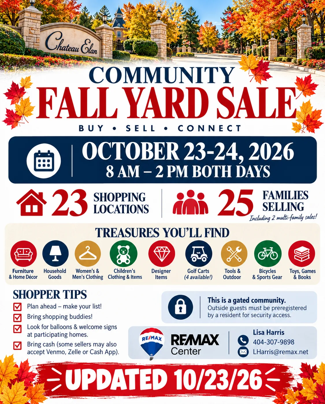 Chateau Elan Mega Yard Sale 2026 infographic with the community entrance photo, 23 stops, 25 families, 4 golf carts, October 23-24 8 AM to 2 PM in Braselton Georgia