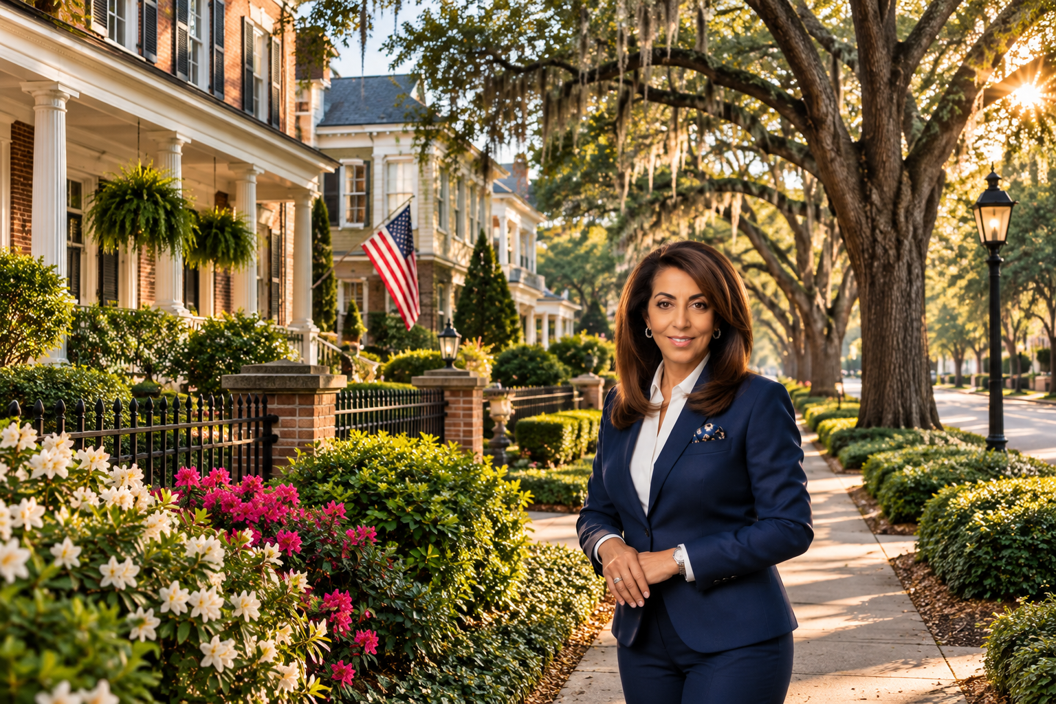 Linda Limehouse standing in an established Augusta residential neighborhood with mature trees and traditional homes
