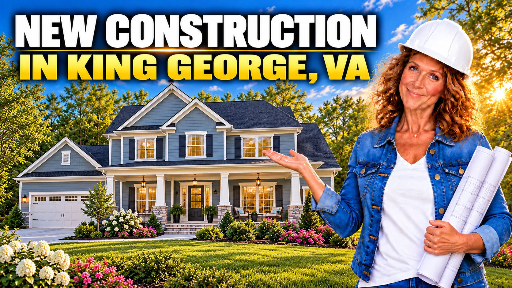NEW CONSTRUCTION IN KING GEORGE, VA hero banner featuring Barbara Jennings in a hard hat holding blueprints in front of a new home at sunset
