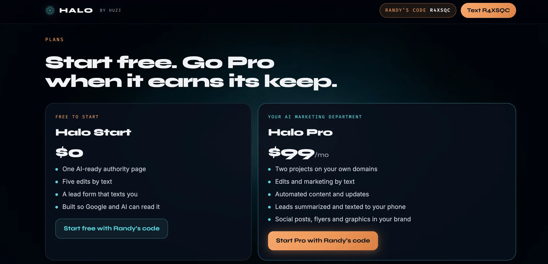Halo Start free and Halo Pro pricing graphic