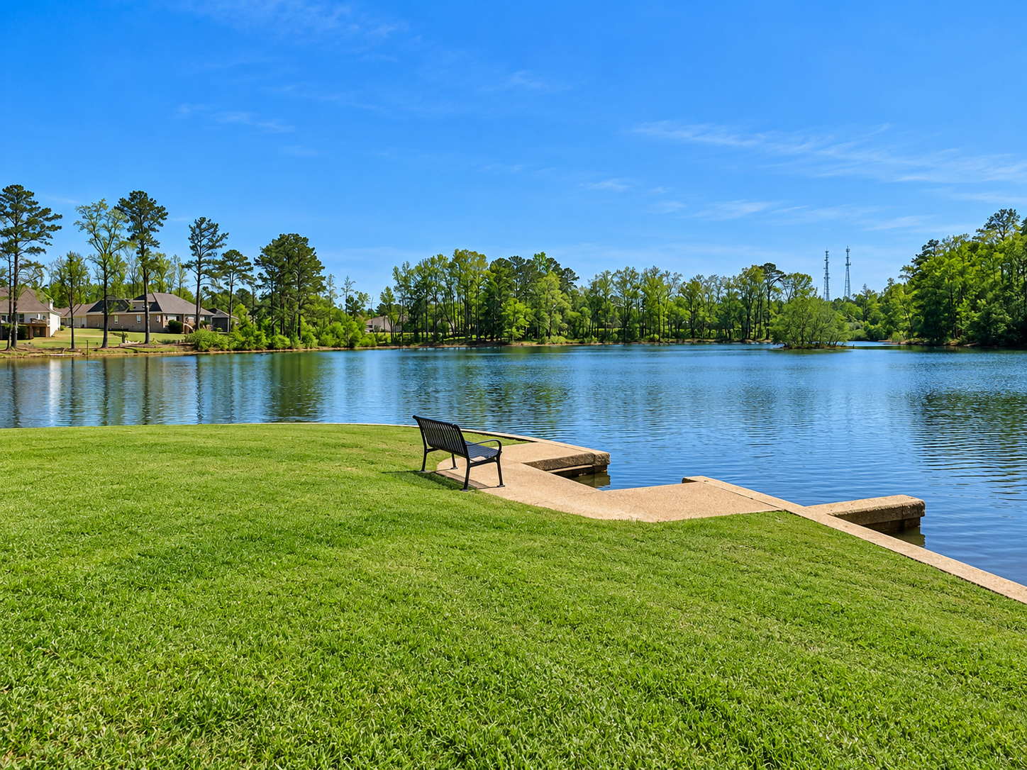 Lakeside park at the private lake in Hidden Lakes, Auburn, Alabama