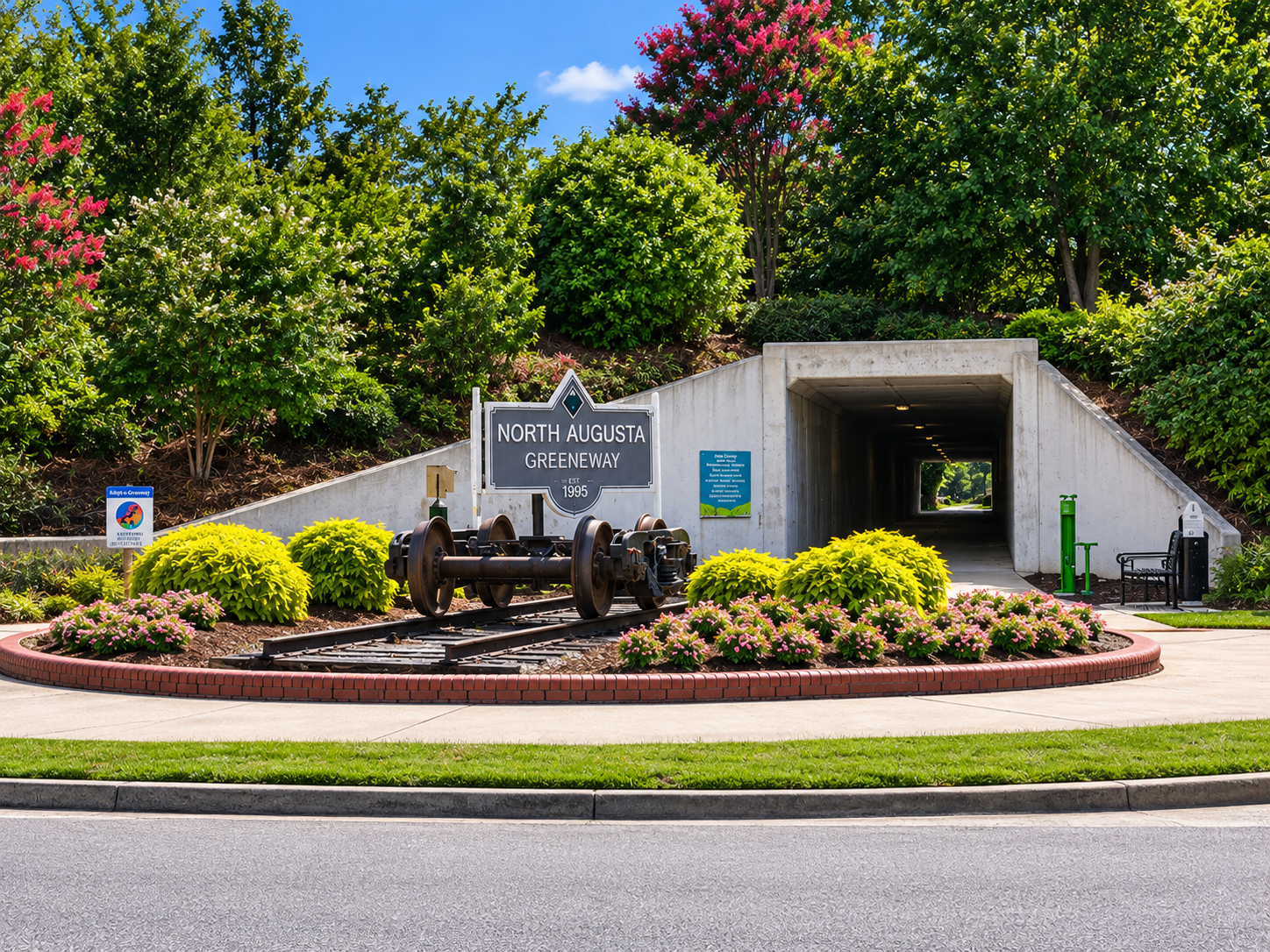 The North Augusta Greeneway entrance with its sign and paved multi-use path