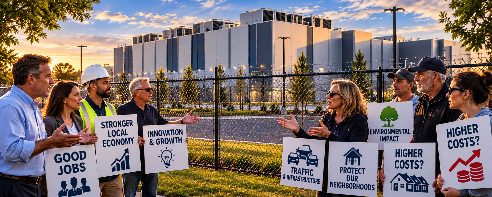 Wide sunset view of a public gathering in front of a large industrial data center facility, with two opposing groups holding signs: one side reads 'GOOD JOBS', 'STRONGER LOCAL ECONOMY', and 'INNOVATION & GROWTH'; the other reads 'TRAFFIC & INFRASTRUCTURE', 'PROTECT OUR NEIGHBORHOODS', 'ENVIRONMENTAL IMPACT', and 'HIGHER COSTS?'.