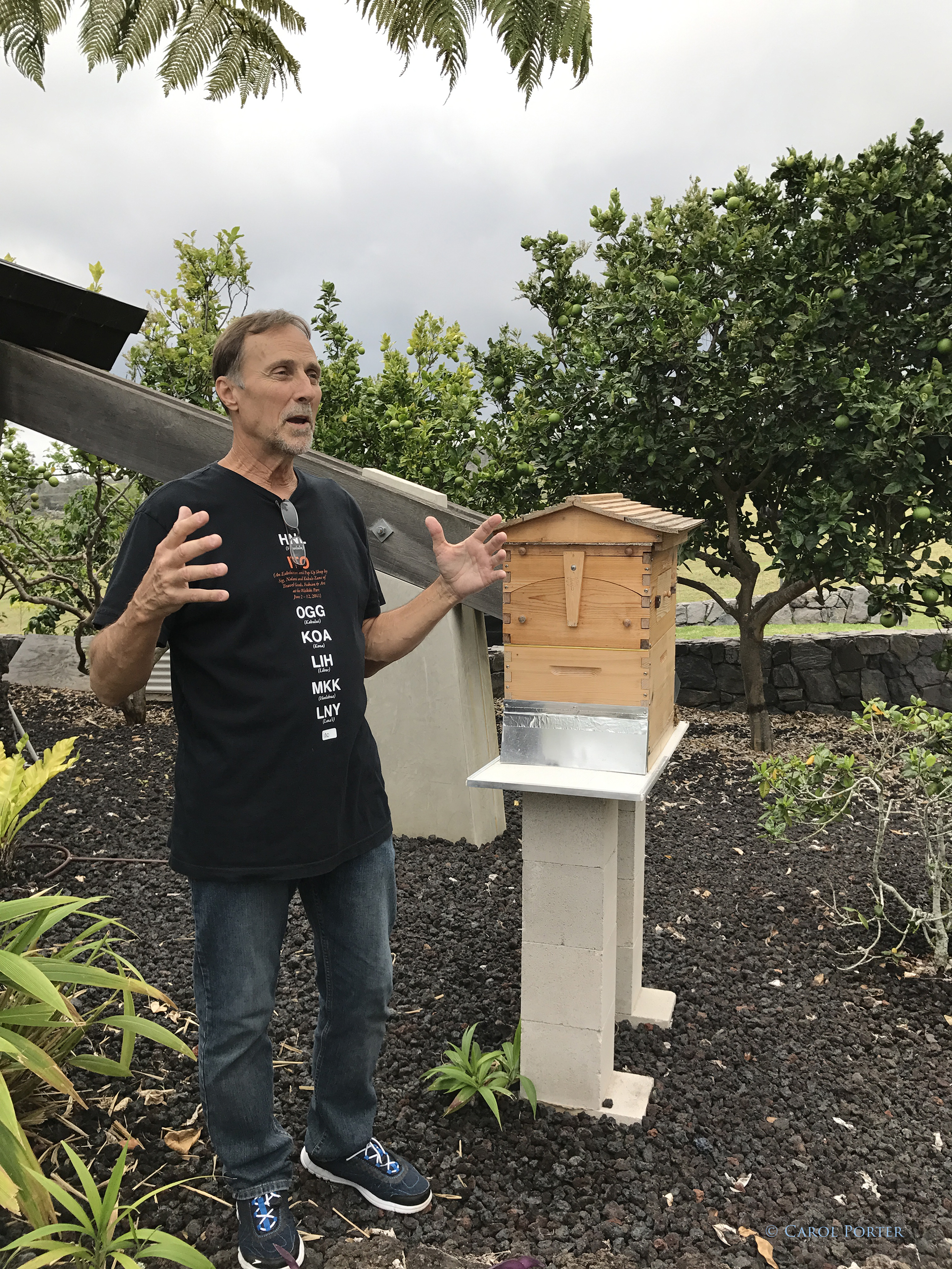 Paul Ponthieux outside the lab building, where beehives were constructed in the area