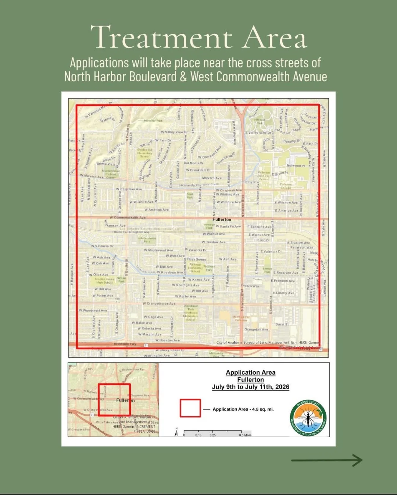 Map showing the 4.5-square-mile mosquito control treatment area boundaries in Fullerton centered on North Harbor Boulevard and West Commonwealth Avenue
