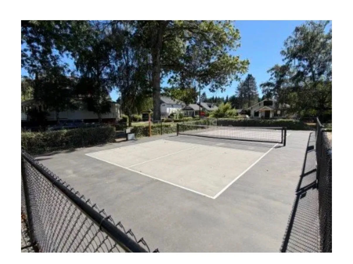 Pickleball players and paddles on a PNW court