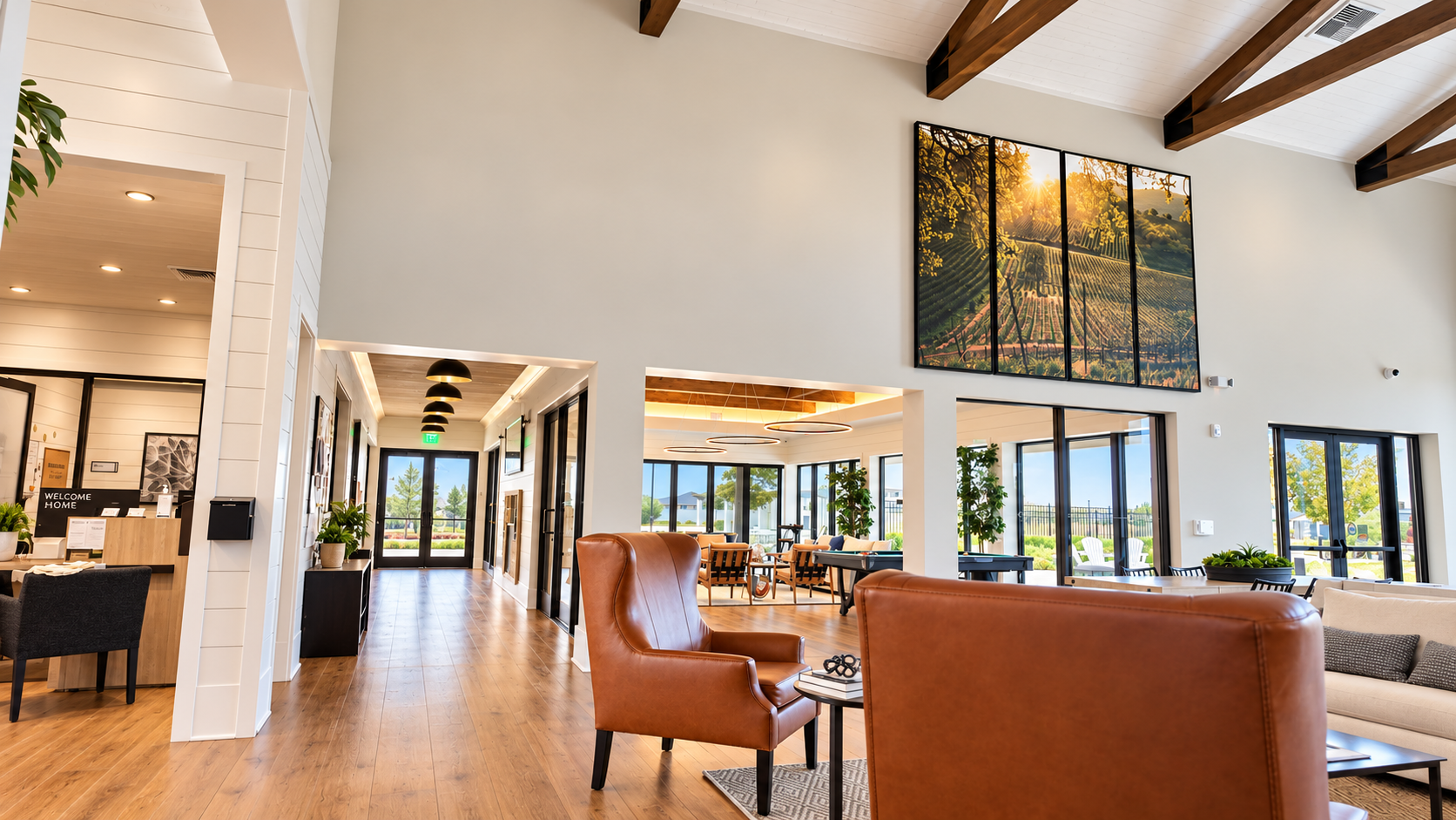 The Ranch House social lounge at Club Liberty, Summit at Liberty, Rio Vista, with seating arranged for conversation