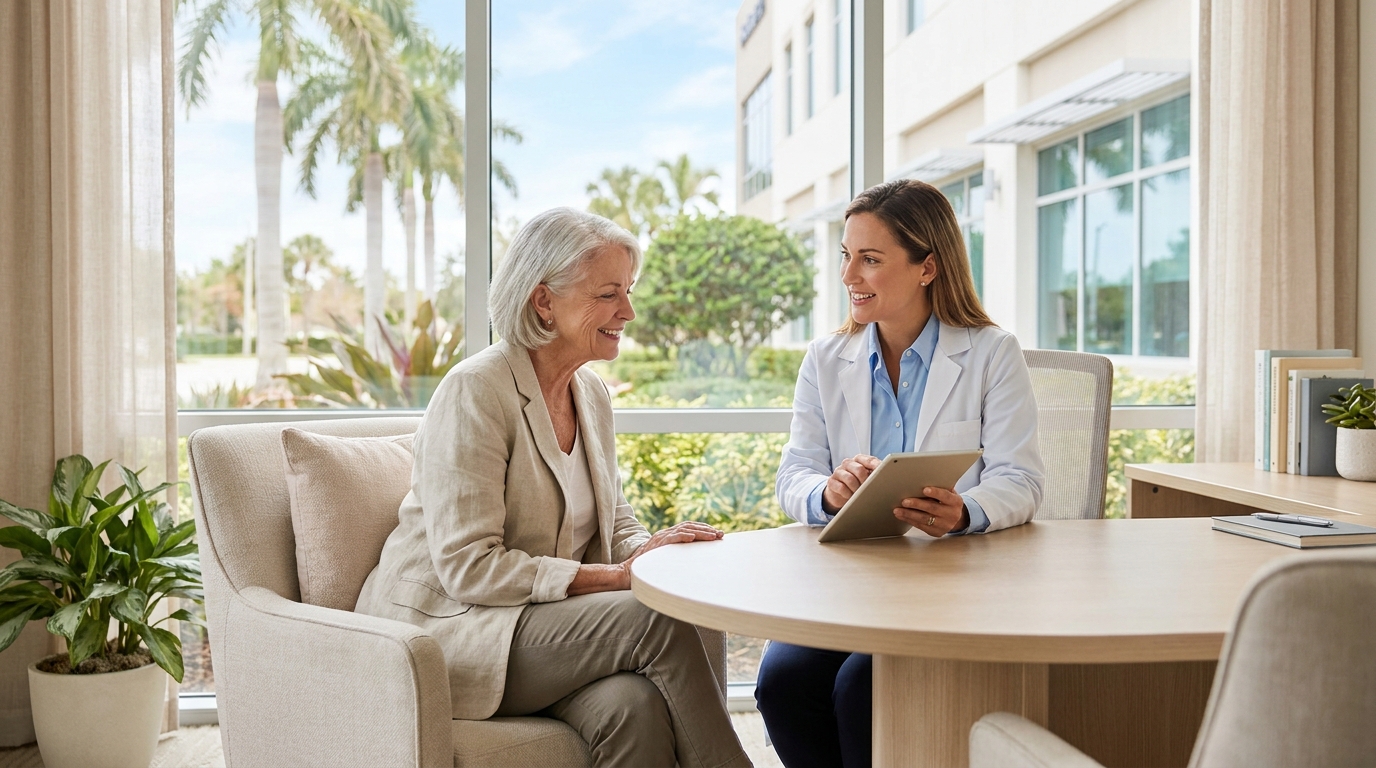 Senior patient speaking with a retirement-friendly healthcare provider.