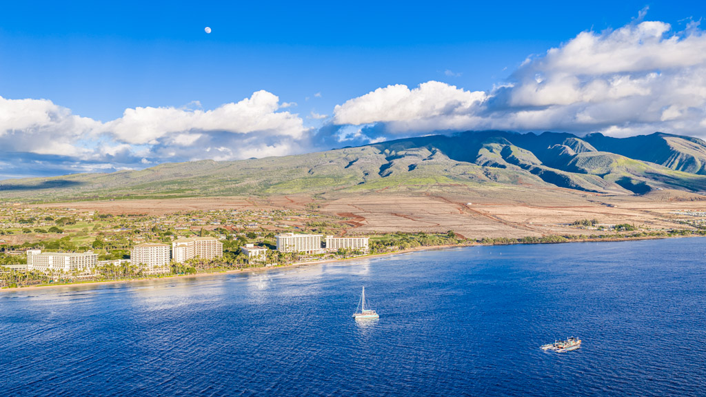 Aerial view of the Kaanapali coastline and resort corridor on West Maui