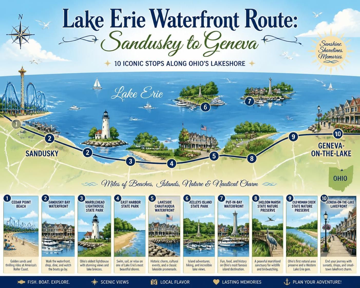 A sweeping view of the Lake Erie waterfront along Ohio's shoreline route from Sandusky to Geneva-on-the-Lake, with lakefront homes, marinas and open water beneath a bright sky