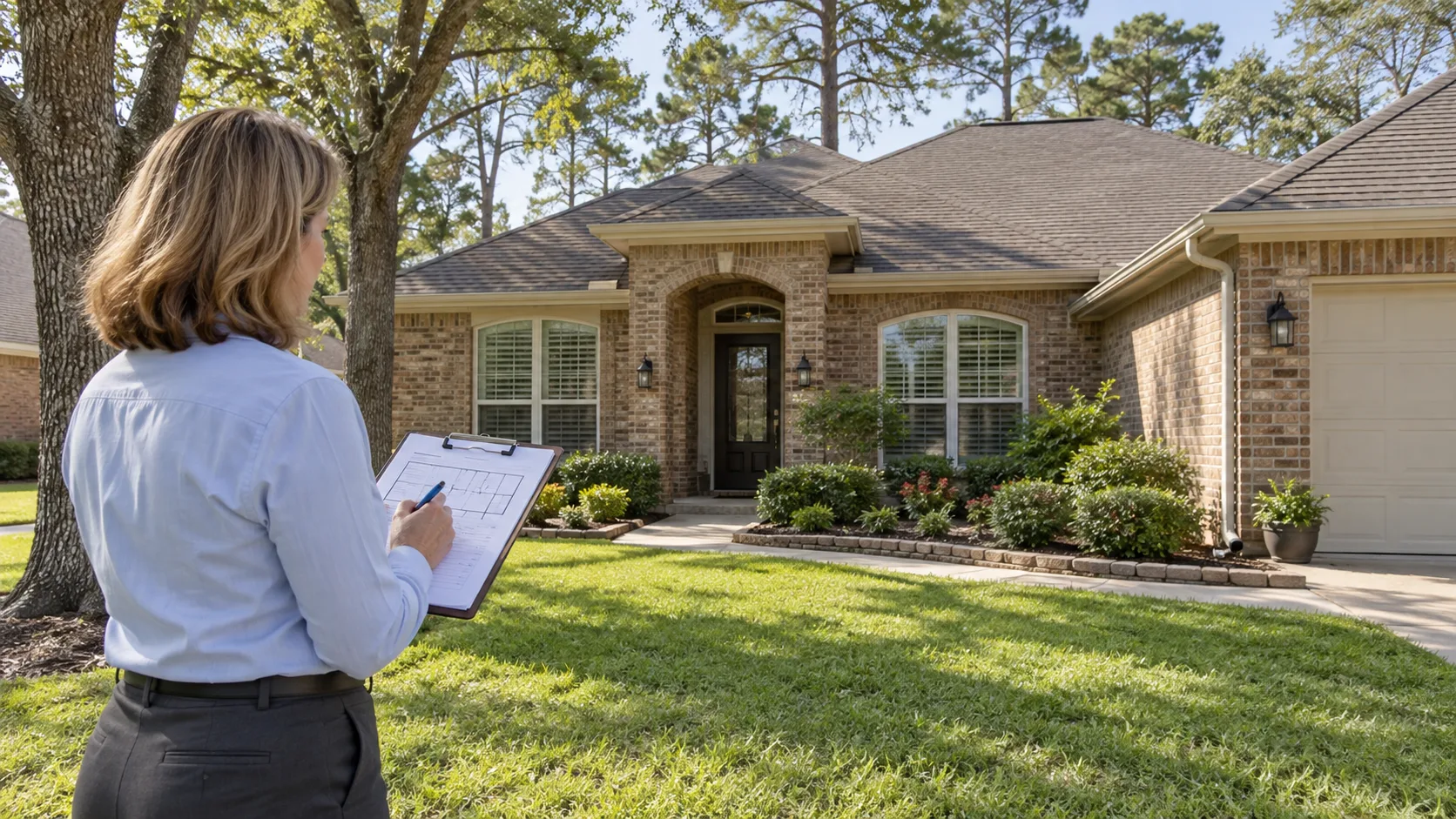 A well-maintained single-story brick home on a tree-lined street in the Northeast Houston area on a clear late-September morning, with an appraisal clipboard and measuring tool in the foreground lawn