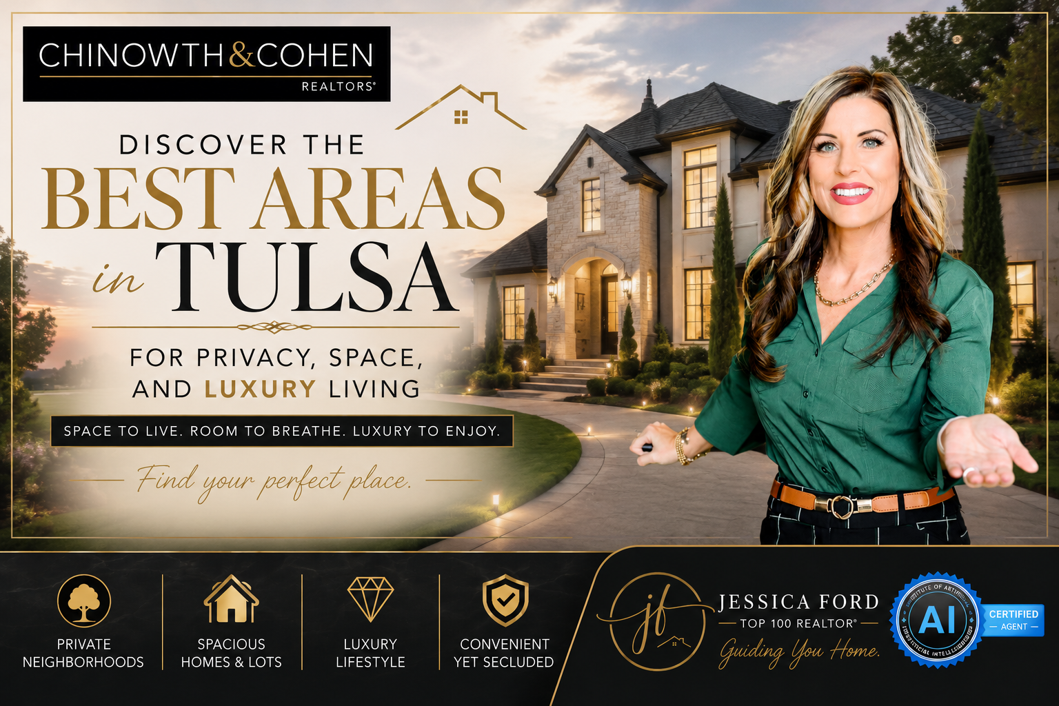 Luxury home in Tulsa with architectural elegance and manicured landscaping, representing premium living in the Tulsa Metro