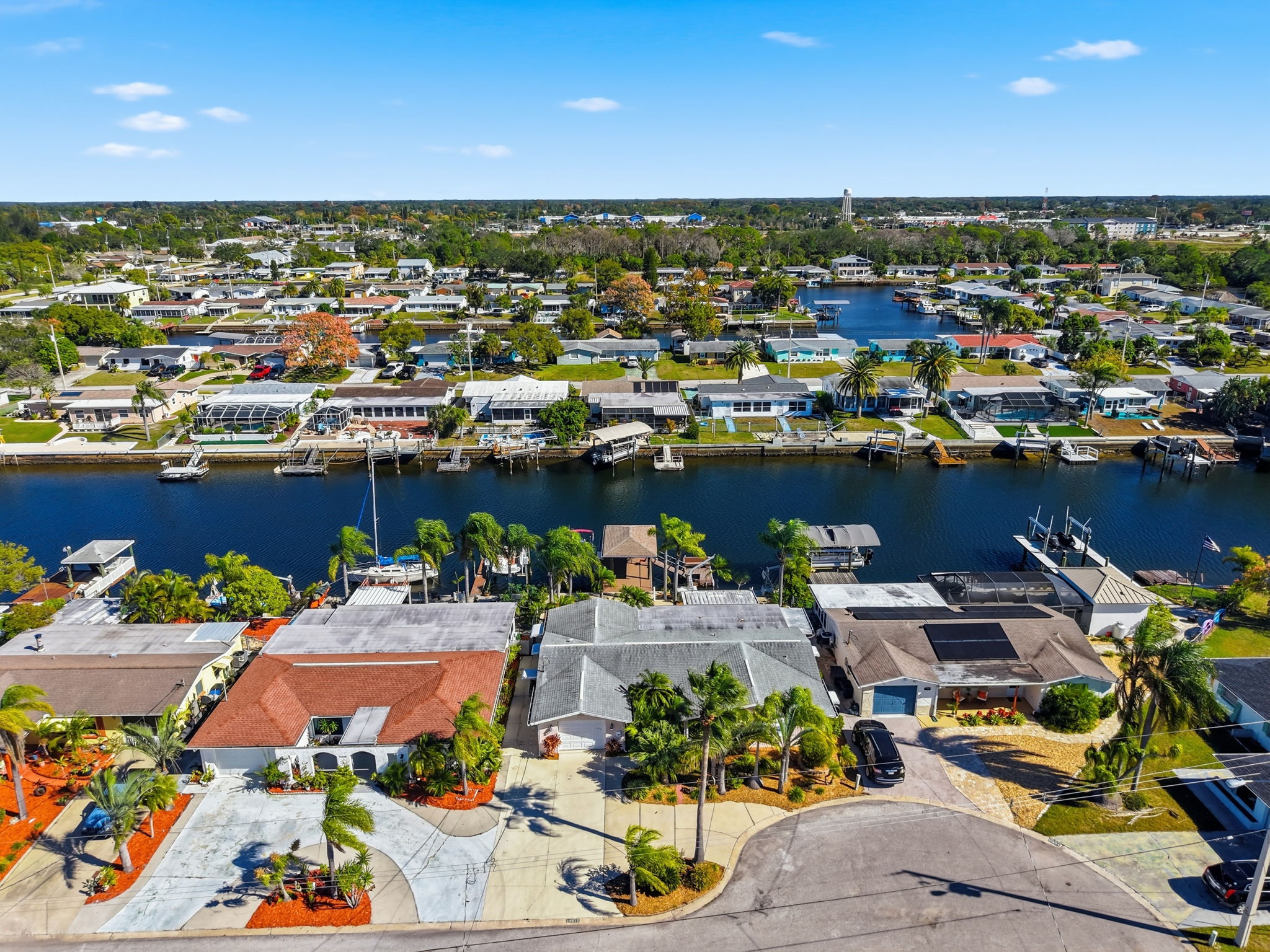 Aerial view of Florida Gulf Coast waterfront community and canals