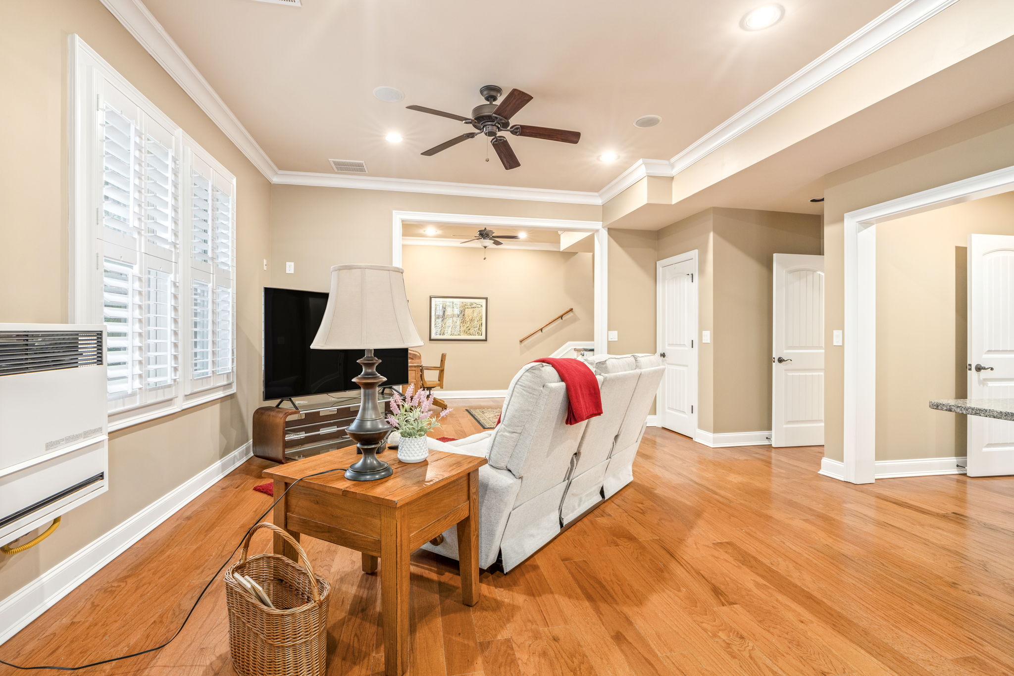 Family room with built-in shelving