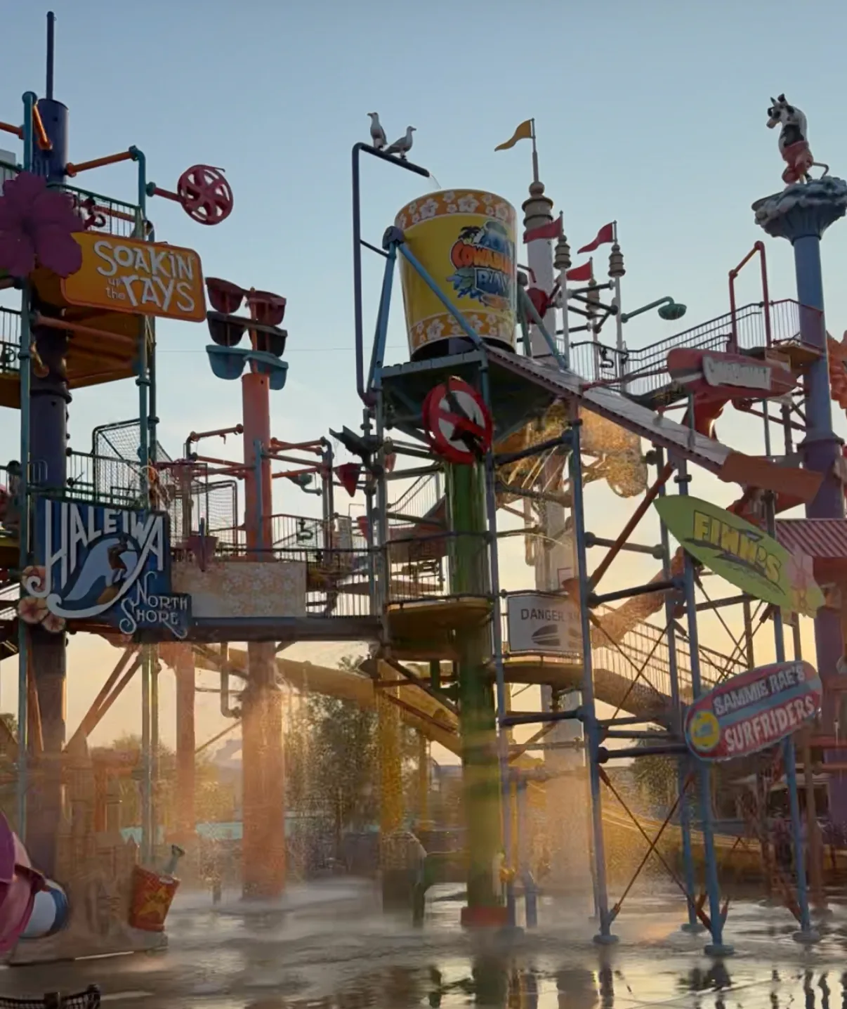 Water slides and kids play area at Cowabunga Bay water park