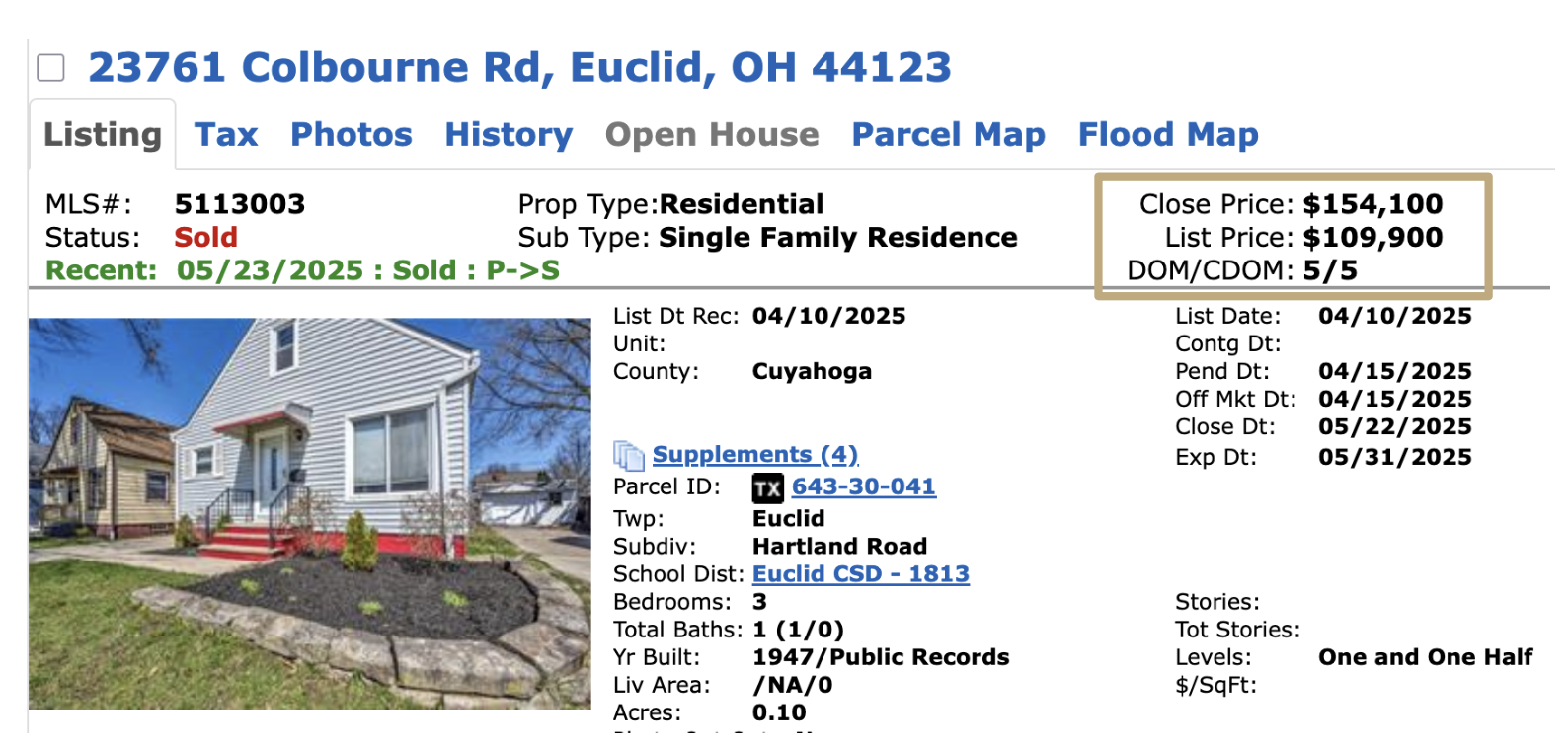 MLS record showing the Euclid bungalow sold for $44,200 over list price with 16 competing offers