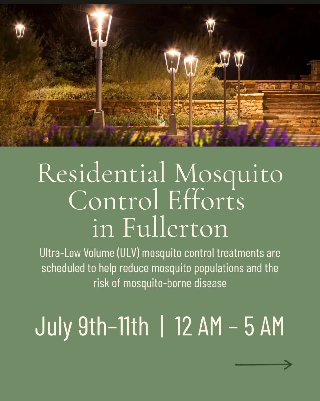 Public service announcement flyer from the Orange County Mosquito and Vector Control District about truck-mounted ULV treatments in Fullerton