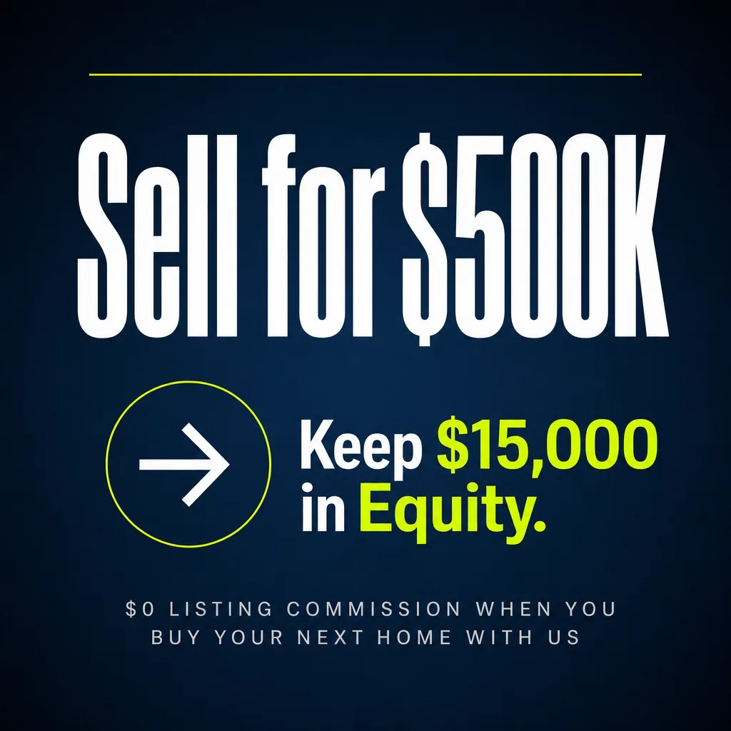 Sold Zero Commission infographic showing a $500,000 home sale where the seller keeps $15,000 in equity