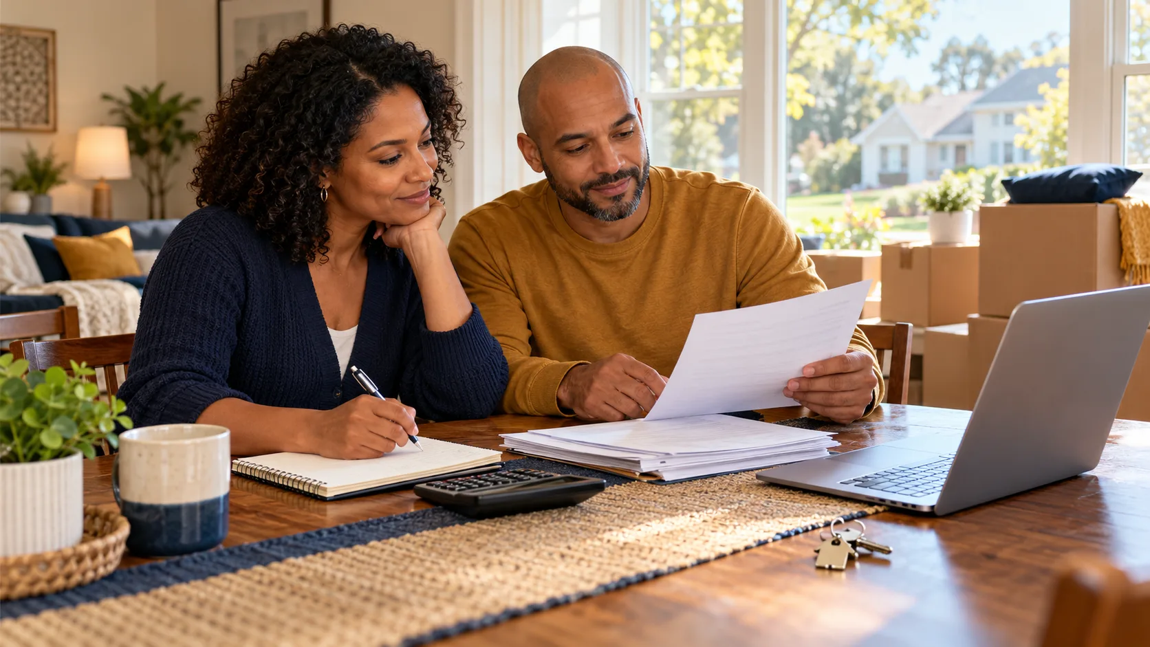 A couple at a wooden dining table reviewing financial documents together, with a laptop, calculator, and keys on the table and moving boxes stacked by a window in the background, suggesting a recent move.