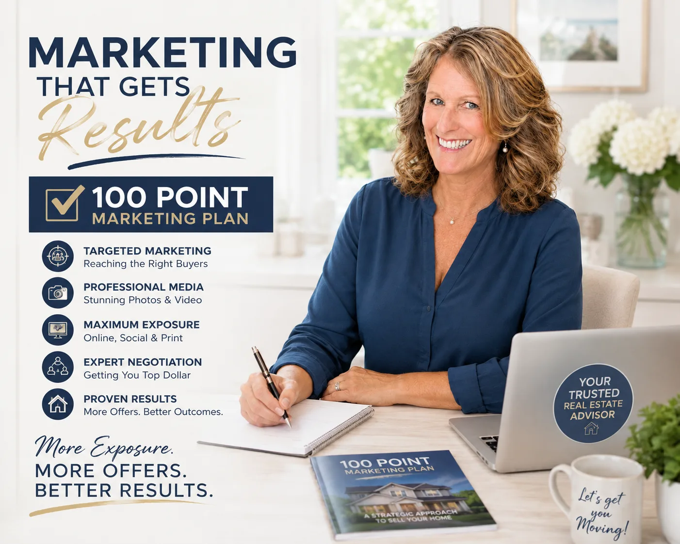 Barbara Jennings with luxury home photos and sunset river landscape, showcasing her real estate marketing expertise