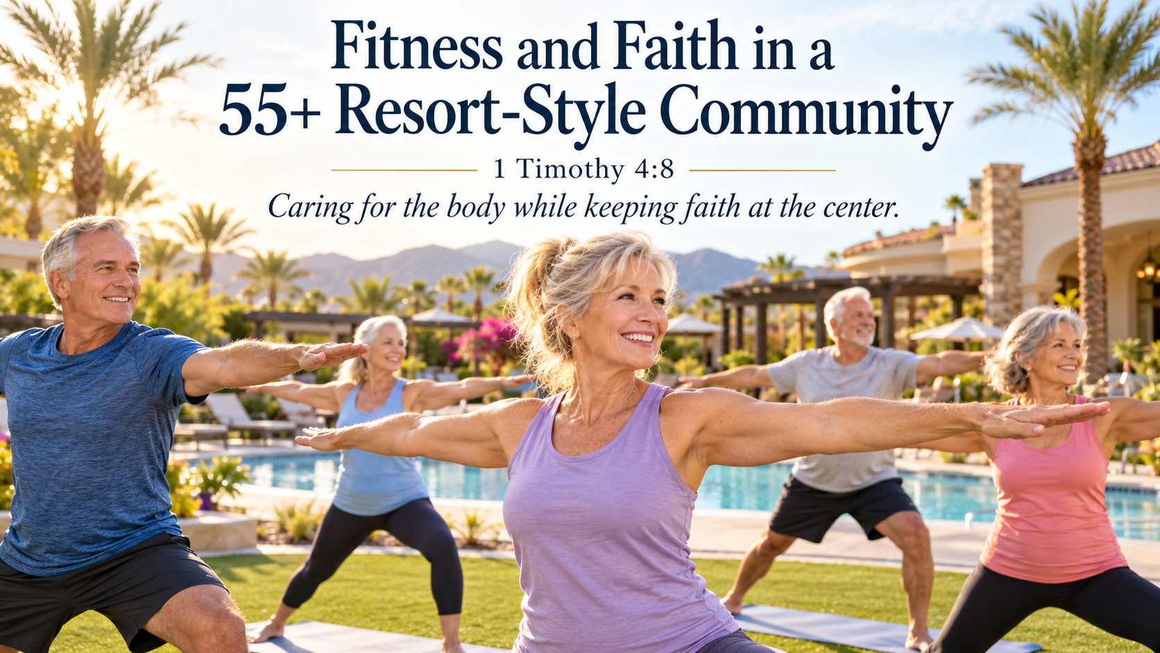 Adults practicing yoga by a pool in a 55+ resort community, 1 Timothy 4:8