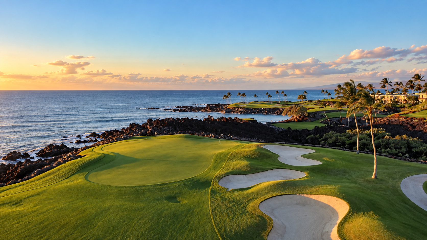 A manicured golf course fairway with an ocean view across the horizon