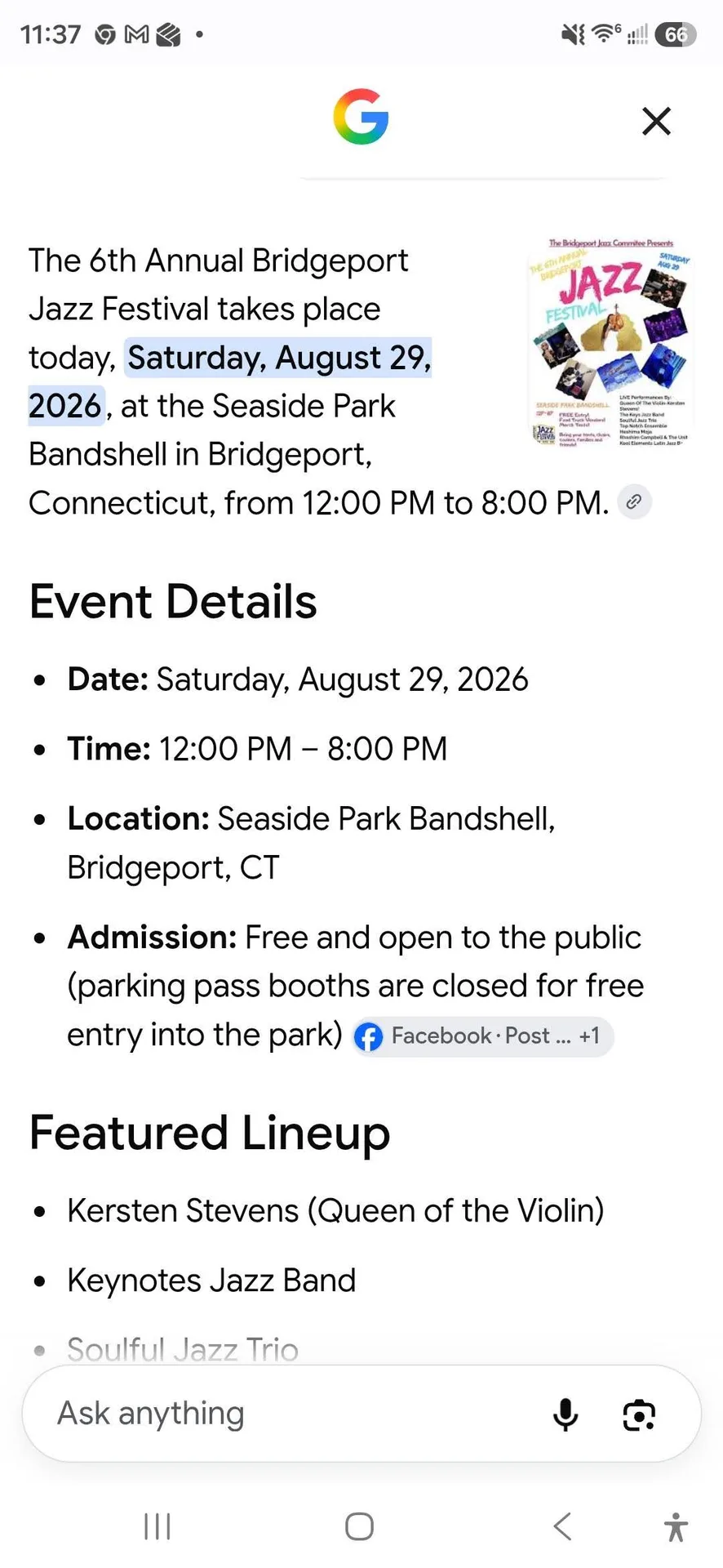 6th Annual Bridgeport Jazz Festival flyer at Seaside Park Bandshell.
