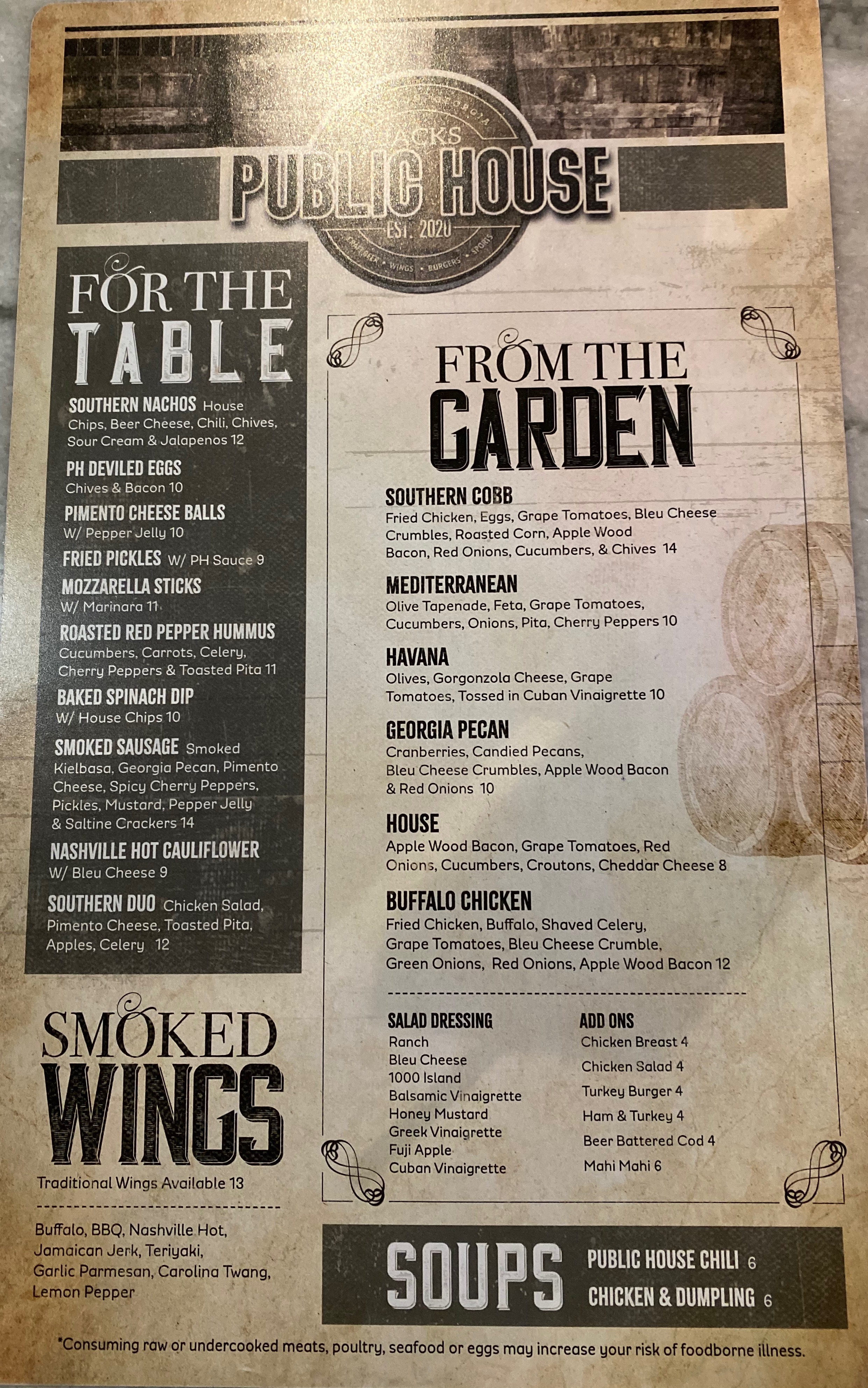 Menu featuring smoked wings Southern nachos salads and soups at Jack's Public House in Braselton Georgia
