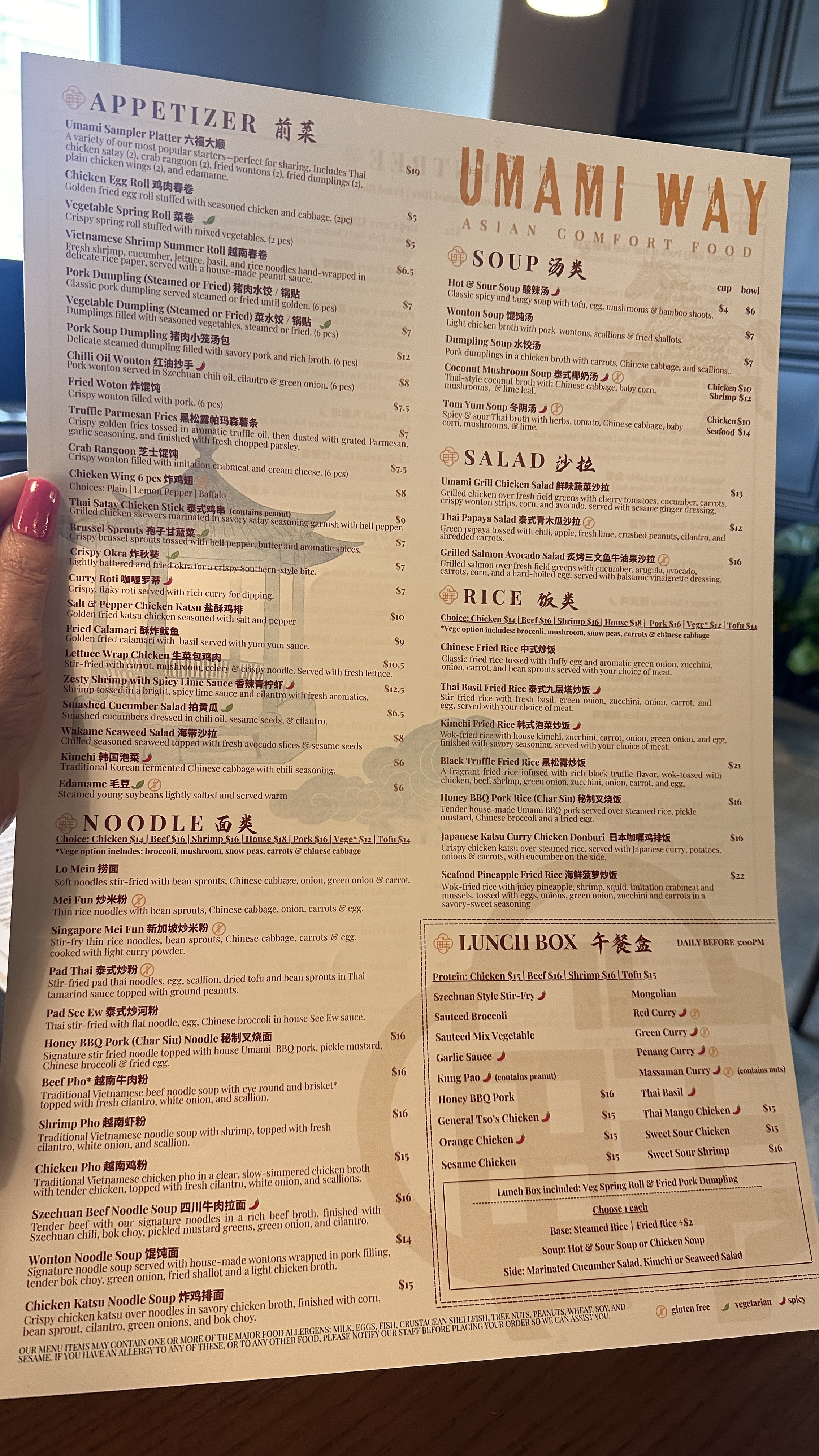 Full menu at Umami Way Asian restaurant in Braselton Georgia showing Chinese Thai Vietnamese and Japanese dishes
