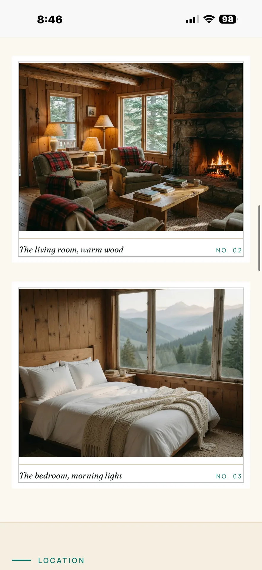 The living room with a stone fireplace