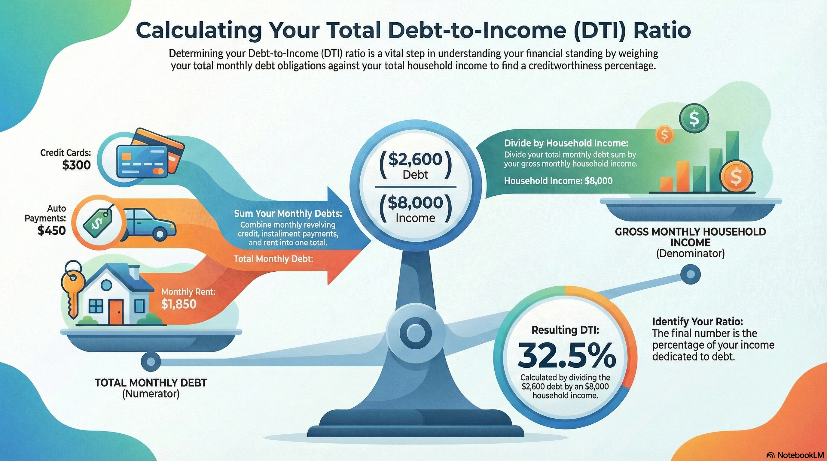 How to calculate your DTI ratio: add up total monthly debt payments and divide by gross monthly income