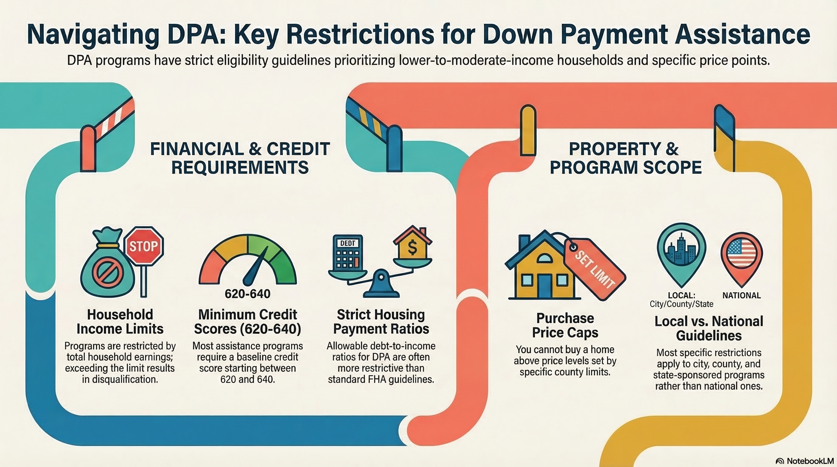 Down payment assistance eligibility: income limits, a common 620-640 credit floor, purchase price caps, and stricter debt-to-income rules.