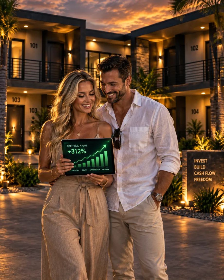A smiling couple standing in front of modern upscale rental properties at golden hour sunset, the woman holding a tablet with a glowing lime-green portfolio graph showing +312% with CASH FLOW and FREEDOM labels